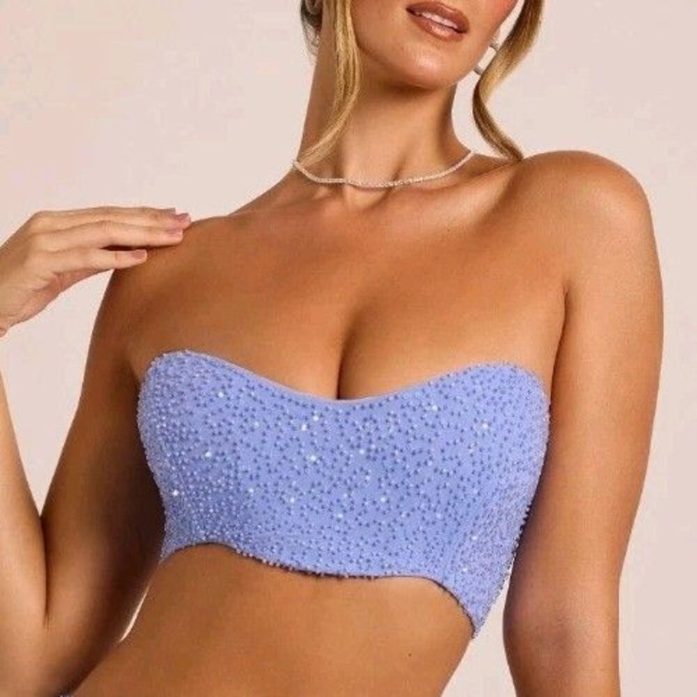 Oh Polly Loire Embellished Corset Top Size 8 Blue Beaded Womens